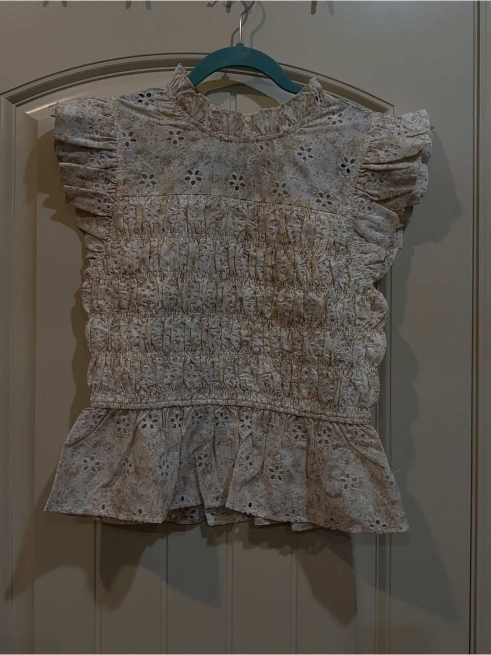 entro White Eyelet Peplum Top with Yellow Accents